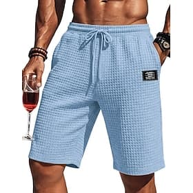 Men's Waffle Shorts Shorts Casual Shorts Pocket Elastic Waist Plain Comfort Breathable Knee Length Casual Outdoor Vacation Vacation Fashion Black White Micro-e