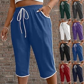 Women's Trousers Capri Pants Summer Pants Beach Pants Vacation Fashion Casual Daily Capris High Waist Plain Drawstring Patchwork Pocket Comfort Lightweight Bre