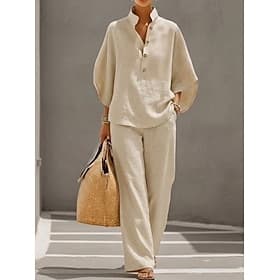 Women's Cotton Linen Sets 3/4 Length Sleeve Stand Collar Solid Color Daily Distressed Casual Daily Black Yellow Wine Summer Loose Fit