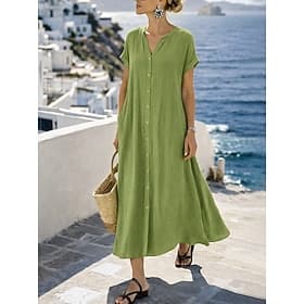 Women's Maxi Dress A Line Dress Casual Daily Loose Fit Plain Short Sleeve V Neck Blue Black White Camel Summer Spring Fall