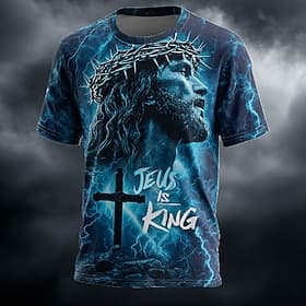 T-shirt de la Bible des Croisés Jésus est roi couronne d'épines croix éclair bleu électrique puissant chrétien religieux impression intégrale T-shirt à manches