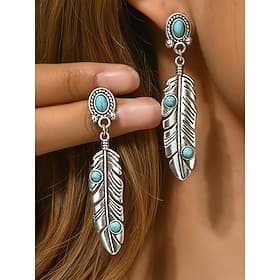 Women's Boho Alloy Turquoise Leaf Dangle Earrings, Vintage Western Feather Statement Earrings for Casual Wear, Travel, Vacation and Resort Styling