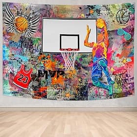 MVP Basketball Graffiti Wall Tapestry Number 23 Jersey Dunking Athlete Street Art Background for Boys Bedroom Teen Room Decor Hip Hop Sports Theme Fabric Wall