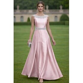 Ligne A Longueur au sol Robe de Soirée Tenue de soirée Élégant Éclat Embelli Sans manches Col Bateau Mariage Formel Satin avec Plis Cristaux