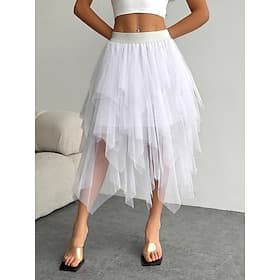 Women's Vacation Skirt Elegant Fashion Cute Casual Midi Mid Rise Skirts Plain Elastic Waist Layered Mesh Micro-elastic Daily Vacation Black White Champagne Pin