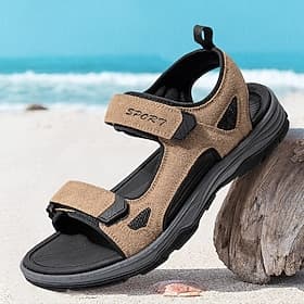 Men's Beige Open-Toe Velcro Sport Sandals – Cushioned Sole, Breathable Design, Perfect for Beach, Resort and Casual Summer Wear