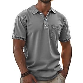 Homme Polo Chemise 100% coton délavée à l'acide Occasionnel Fête Revers Manche Courte Mode Basique Couleur Unie Uni Vintage Affligé Été Printemps Toutes saison