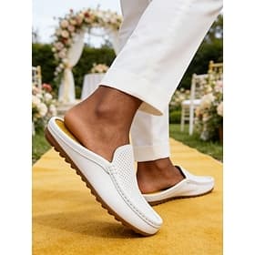 Men's White Wedding Mule Loafers Perforated Slip-On Dress Shoes Lightweight Breathable Formal Backless Shoes for Groom, Groomsmen, Beach Wedding, Garden Ceremo