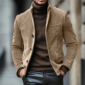 Men's Lightweight Jacket Faux Suede Jacket Casual Jacket Daily Outdoor Pocket Fall Winter Plain Vintage Streetwear Standing Collar Regular Brown Jacket