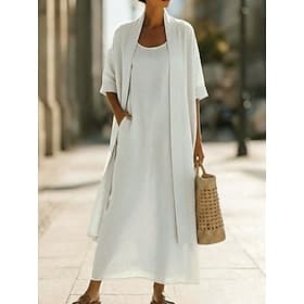 Femmes Robe Ensemble Robe fourreau Élégant Uni Avec Poches Robe maxi Manche 3/4 Col ras du cou Quotidien Extérieur Bleu Blanche Rose Claire Été Printemps Coupe