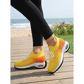 Women's Yellow Knit Running Sneakers - Breathable Lightweight Athletic Walking Shoes with Air Cushion Sole, Comfortable Sporty Style, Ideal for Running, Gym, T