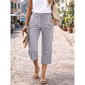 Women's Capri Pants Cotton Linen Pants Chinos Summer Shorts Vacation Basic Casual Calf-Length High Waist Plain Pocket Elastic Waistband Comfy Comfort Soft Stre