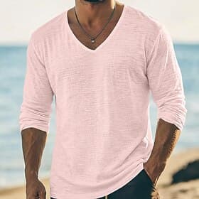 Men's Tee Top Linen T-Shirt Long Sleeve V Neck Summer Spring Solid Color Plain Textured Daily Casual Street Style Plain Casual Outdoor Street Blue Lake blue Bl