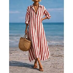 Women's Maxi long Dress Linen-feel Dresses Shirt Dress Casual Dress Faux Linen Dress Fashion Modern Daily Vacation Going out Loose Fit Striped Long Sleeve V Ne
