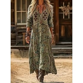 Women's Maxi long Dress Boho Dress Vintage Dress Casual Dress Vintage Daily Outdoor Vacation Loose Fit Floral Long Sleeve V Neck Green Spring Autumn