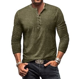 Men's Henley Shirt Tee Top Long Sleeve Shirt Long Sleeve Plain Vintage Fashion Basic Garment Dyed Henley Vacation Street Going out Summer Light Grey Henley T-S
