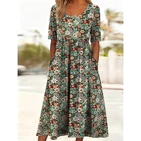 Women's Midi Dress Shift Dress Vacation Casual Boho Daily Summer Dress Spring Dress Regular Fit Floral Graphic 3/4 Length Sleeve Crew Neck Light Green Pink Dar