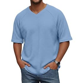 Men's Waffle T-shirt Tee Top Short Sleeve V Neck Summer Solid Color Fashion Designer Casual Raglan Sleeves Casual Daily Outdoor Navy Blue Top Tee for Men