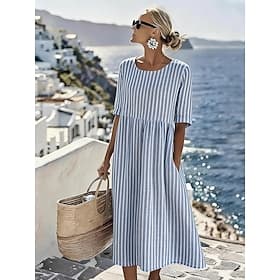 Women's Midi Dress Shift Dress Vacation Casual Loose Fit Graphic Stripe Short Sleeve Crew Neck Blue Purple Brown Green Summer Spring