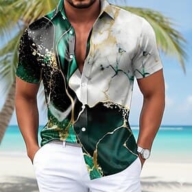Herren Marmor Abstrakte flüssige Kunst Hemd Satinhemd Kleidhemd Kurzarm Modisch lässig Täglich Urlaub Sommer Frühling Umlegekragen Hemden mit Kragen 3D-Druck H