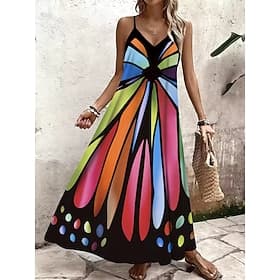 Women's Maxi Dress Sundress A Line Dress Slip Dress Vacation Casual Beach Going out Regular Fit Graphic Color Block Sleeveless V Neck Black Summer Spring