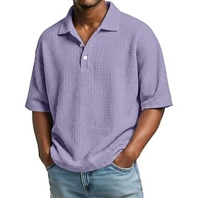 Men's Waffle Polo Shirts Textured Casual Business Turndown Short Sleeve Fashion Basic Solid Color Buttons Plain Spring  Summer Blue Deep Green White Red Navy B