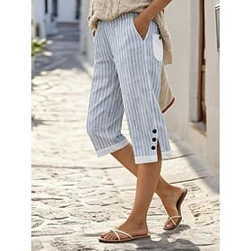 Women's Capri Pants Cotton Linen Pants Chinos Vacation Basic Casual Calf-Length High Waist Striped Pocket Printing Comfy Soft Comfortable Micro-elastic Daily O
