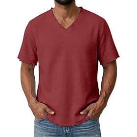 Men's Tee Top Linen T-Shirt Short Sleeves V Neck Summer Plain Fashion Designer Basic Soft Plain Raw Edge Casual Beach Vacation Blue White Pink Top Tee for Men