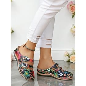Women's Black Floral Double Buckle Mules - Lightweight Comfortable Casual Shoes for Summer, Walking, Garden and Daily Wear