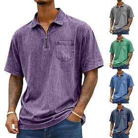 Camisa Ácido Lavado para Hombre SoftFade™ Camisa Polo Algodón Casual con Cremallera Cuarto de Manga Corta Vintage Básica Color Sólido con Bolsillo Distressed V