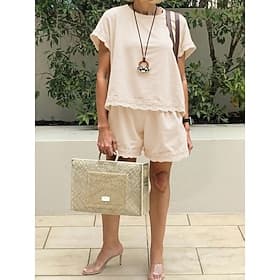 Women's Cotton Blend Shorts Sets Short Sleeve Round Neck Plain Patchwork Lace Trims Elegant Fashion Streetwear Casual Daily Outdoor Black Purple Khaki Summer R