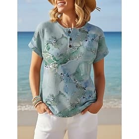 Women's T Shirt Print Chest Buttons Marble Stylish Modern Casual Short Sleeve Henley Regular Tops Daily Blue Yellow Purple Green Summer Spring