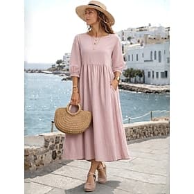 Femmes Robe Midi Robes effet lin Robe trapèze Occasionnel Quotidien Coupe régulière Uni Manche 3/4 Col ras du cou Bleu Blanche Vert Claire Rose Claire Été Prin