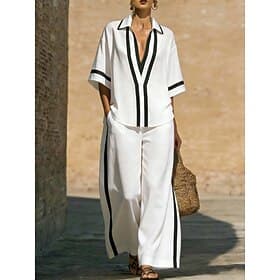 Women's Linen-feel Set Pants Sets Short Sleeve V Neck Solid Color Fashion Streetwear Casual Daily Outdoor Blue Black White Spring Summer Loose Fit