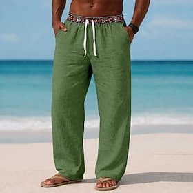 Voor heren Linnen broek Broek Zomerbroek Wijde broek Strandbroeken Trekkoord Elastische taille Effen Kleur Lichtgewicht Ademend Volledige lengte Dagelijks Buit