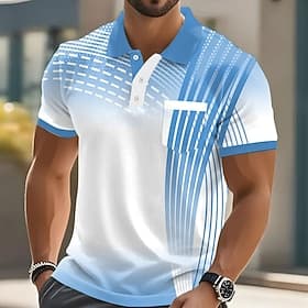 Men's Geometic Polo Shirts Short Sleeve Polo Shirts Collared Shirts Business Casual Outdoor Athleisure Daily Wear 3D Print Buttons Spring Summer Blue Lake blu