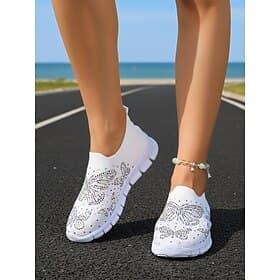 Women's White Rhinestone Butterfly Knit Sneakers – Breathable Lightweight Slip-On Walking Shoes with Flexible Non-Slip Sole, Sparkly Casual Trainers for Travel