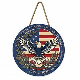 U.S. 250th Anniversary  Wooden Door Sign – 30cm Round Wooden Front Porch Decor with Bald Eagle  Flag, Patriotic 4th of July Decoration, 1776–2026 Independence