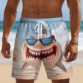 Men's Animal Cartoon Shark Swim Trunks Swim Shorts Board Shorts Mid Waist Funny Beach Vacation Wear Side Pockets Mesh Lining Elastic Drawstring Waist Designer