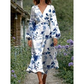 Damen Midikleid Figurbetontes Kleid Halbformelle Kleider Büro Date Normale Passform Blumen Grafik Langarm V Ausschnitt Blau Gelb Purpur Grün Sommer Frühling