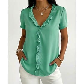 Women's Shirt Blouse Ruffle Solid Color Plain Vintage Stylish Casual Sleeveless Short Sleeve V Neck Regular Tops Daily Blue Black White Green Gray Summer Sprin