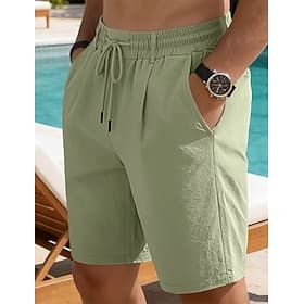 Men's Linen Shorts Summer Shorts Beach Shorts Drawstring Pocket Plain Comfort Breathable Knee Length Daily Outdoor Holiday Vacation Casual Black White Inelasti