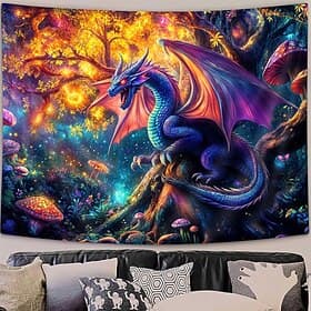 Fantasy Mythical Purple Dragon Magic Enchanted Forest Glowing Mushroom Psychedelic Art Large Wall Tapestry Hanging for Living Room Bedroom Dorm Home Decor Mura