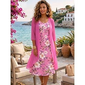 Women's Dress Set A Line Dress Elegant Vacation Floral Graphic Layered Print Mini Dress Half Sleeve Crew Neck Daily Pink Sky Blue Purple Summer Spring Regular