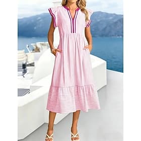 Women's Midi Dress Casual Dress Swing Dress Elegant Fashion Modern Outdoor Vacation Going out Regular Fit Striped Short Sleeve V Neck Pink Light Blue Summer Sp