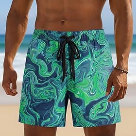 Men's Geometric Marble Abstract Liquid Art Swim Trunks Swim Shorts Board Shorts Mid Waist Fashion Casual Beach Vacation Wear Side Pockets Mesh Lining Elastic D