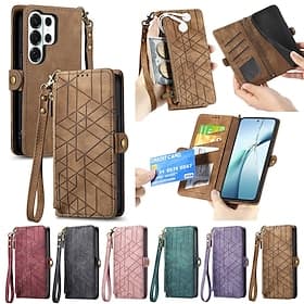 Phone Case For Samsung Galaxy S26 S26 Plus S26 Ultra Wallet Case Flip Cover Zipper with Lanyard Retro TPU PU Leather
