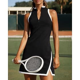 Dames Lapwerk Tennisjurk Sportkleding Mouwloos Splitsen Elastisch Zweetafvoerend Ademend Tennis Golf Augurkbal V-hals Jurken Zwart Wit Tenniskleding
