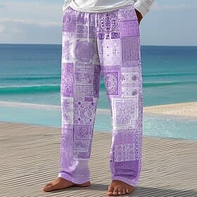 Men's Color Block Patchwork Intricate Floral Trousers Casual Pants Baggy Pants Mid Waist Boho Home Outdoor Vacation Elastic Drawstring Waist Linen-Like Pants w thumbnail 2
