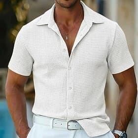 Men's Shirt Waffle Shirt Texture Casual Shirt Button Up Shirt Blue Black White Pink khaki Short Sleeve Plain Lapel Casual Daily Clothing Apparel Fashion Modern